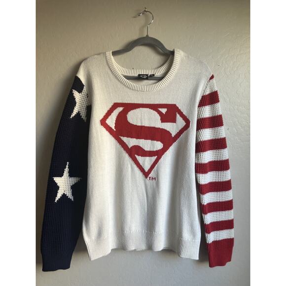 Superman Sweater Adult SZ Medium White Red Blue Knit Preppy America Mad Engine - Picture 4 of 11